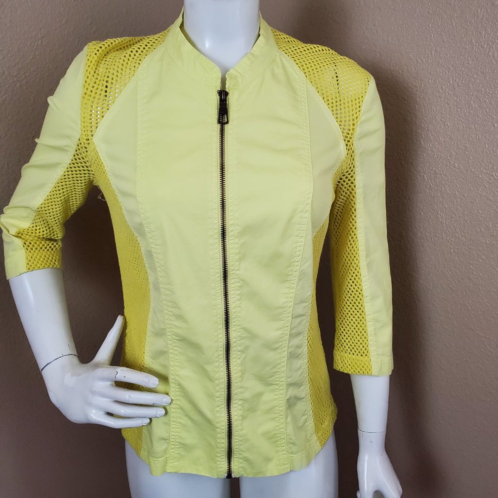 XCVI Neon Yellow Fish Net Inset Stretch Zip Front Jacket~Size L